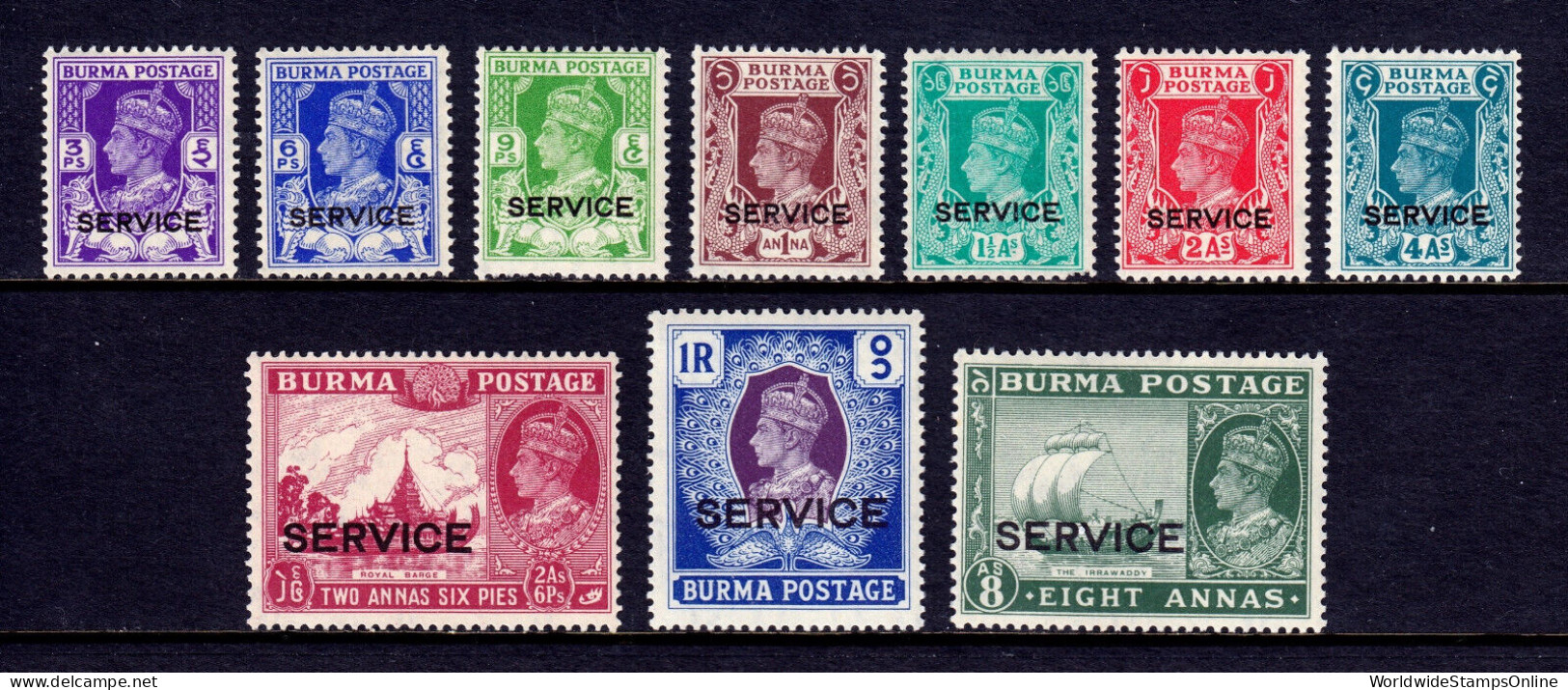 BURMA — SCOTT O15/O24 — 1939 KGVI OFFICIAL ISSUE, 10 VALUES — MNH — SCV $99 - Birma (...-1947)