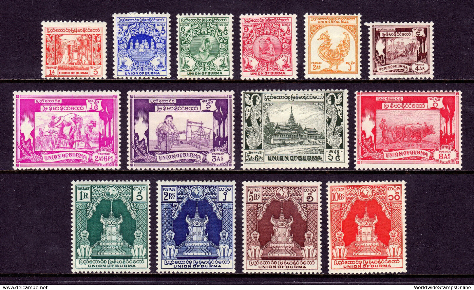 BURMA (MYANMAR) — SCOTT 102-115 — 1949 PICTORIAL SET — MH — SCV $30 - Myanmar (Birmanie 1948-...)