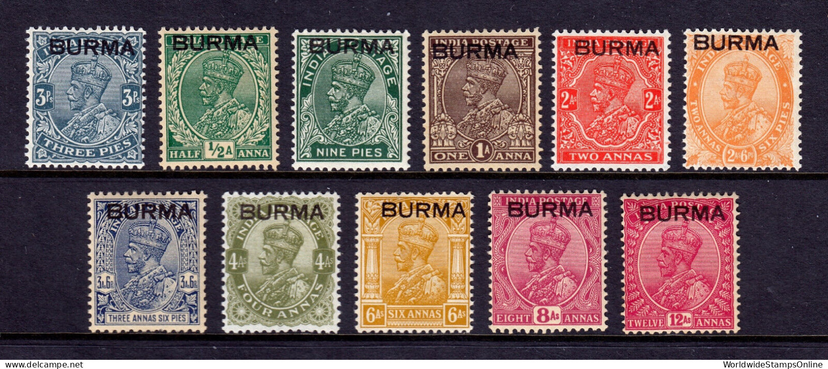 BURMA — SCOTT 1/12 — 1937 KGV ISSUE, 11 VALUES — MH — SCV $23 - Birmania (...-1947)