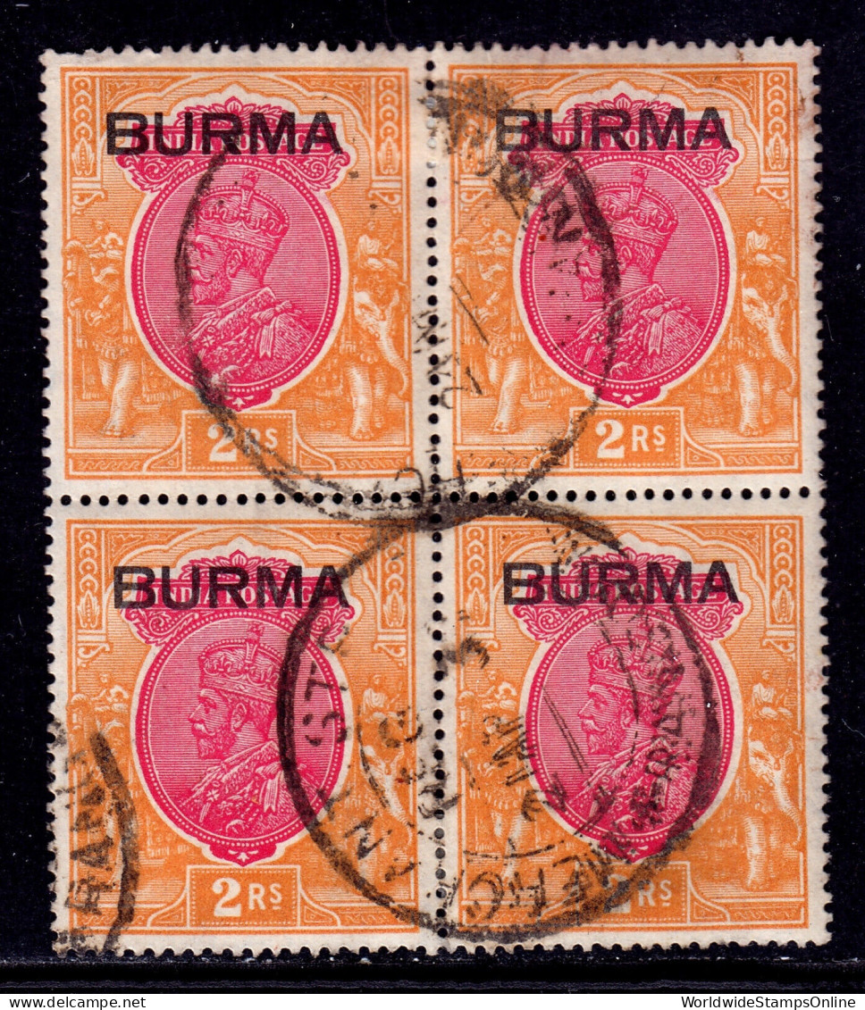 BURMA — SCOTT 14 — 1937 KGV 2r ISSUE — BLOCK/4 — USED — SCV $110 - Burma (...-1947)