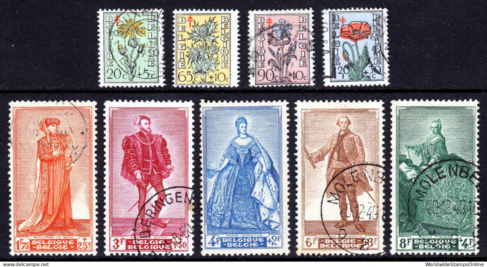 BELGIUM — SCOTT B468-B476 — 1949 FLOWERS AND PORTRAITS SET — USED — SCV $47 - Used Stamps