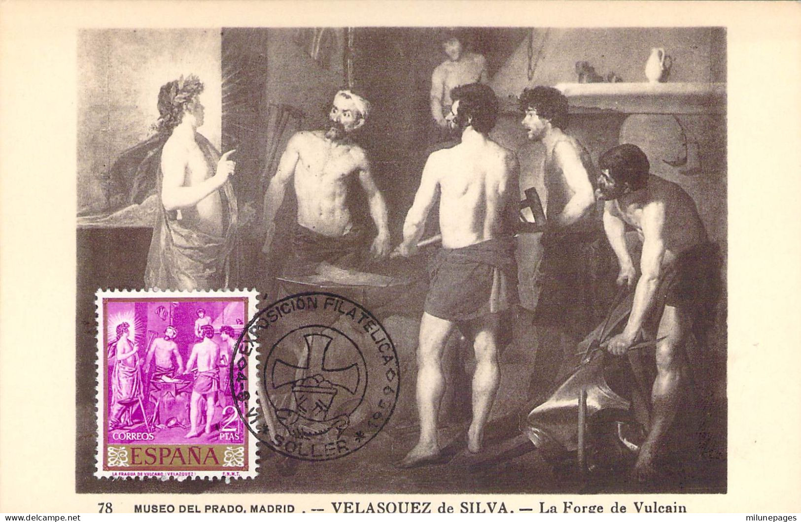 Carte Maximum Espagne 1959 Velasquez De Silva La Forge De Vulcain Exposition Philatélique Soller - Cartes Maximum