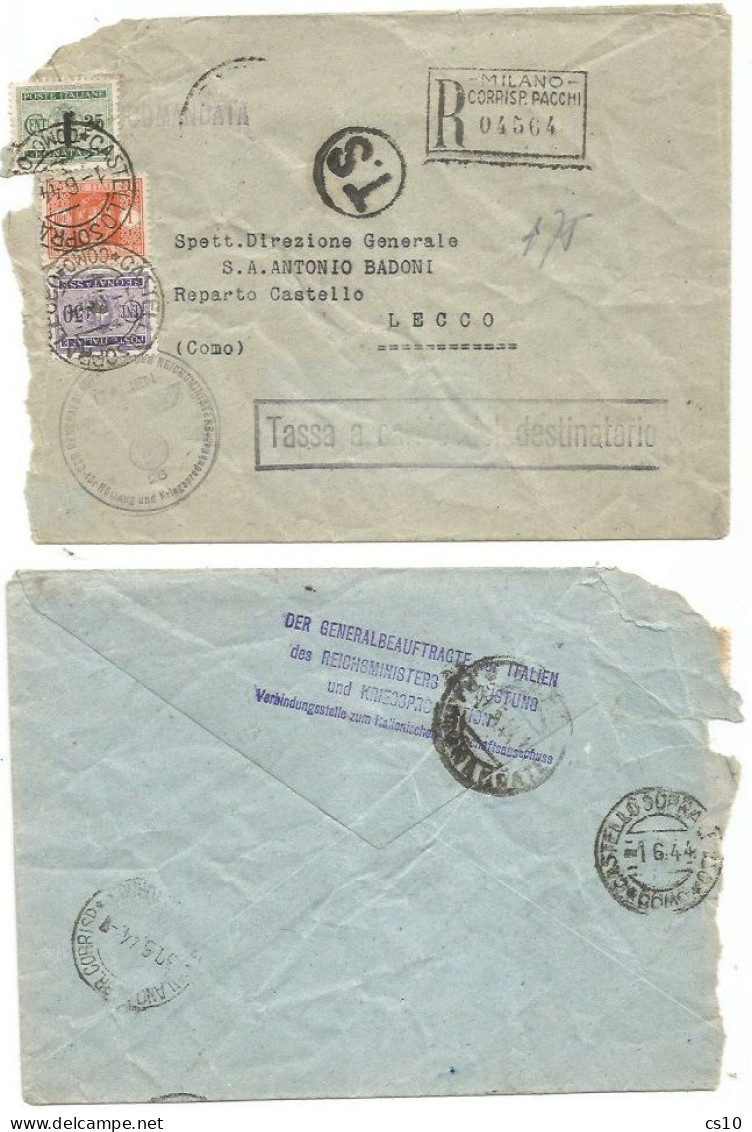 Fascetti Varietà Nastro Destro Spezzato Su Segnatasse C.25 + Tax Regno Racc. Milano 30mag1944 X Lecco Tassa Carico - Taxe