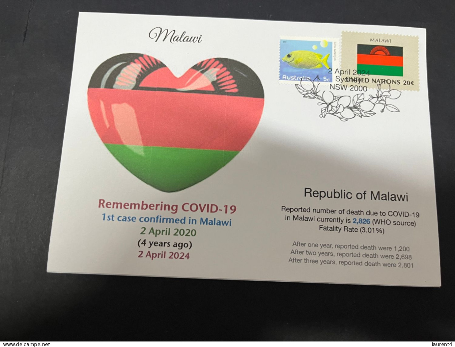 2-4-2024 (4 Y 43) COVID-19 4th Anniversary - Malawi - 2 April 2024 (with Malawi UN Flag Stamp) - Enfermedades