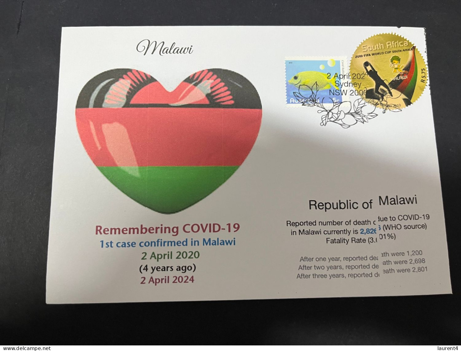 2-4-2024 (4 Y 43) COVID-19 4th Anniversary - Malawi - 2 April 2024 (with Malawi Football  Round Shape Flag Stamp) - Maladies