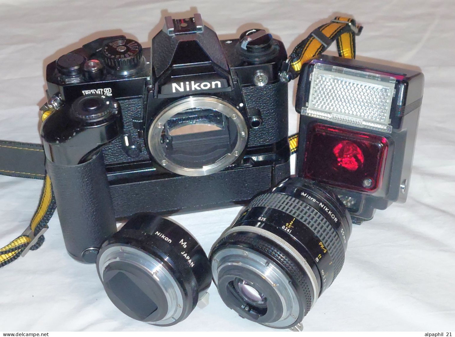 Nikon FM2 35mm film camera with Micro Nikkor 55/3.5 and M2