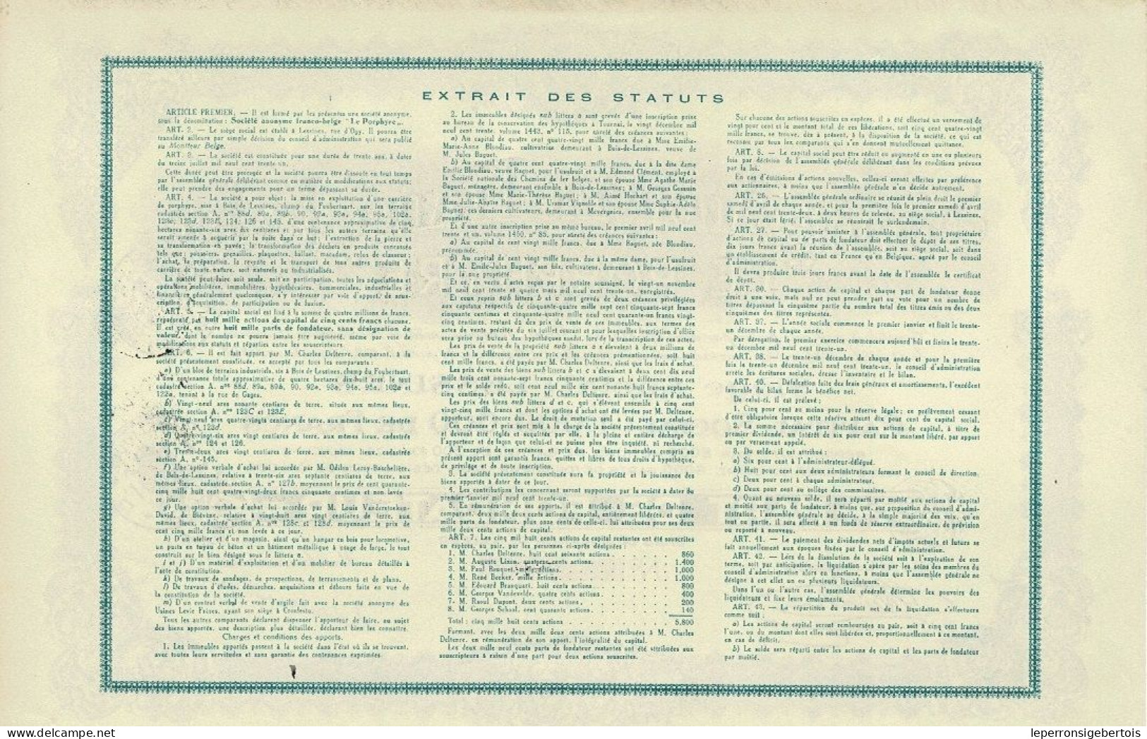 Titre De 1931 - Sté Anonyme Franco Belge " Le Porphyre" - - Industrie