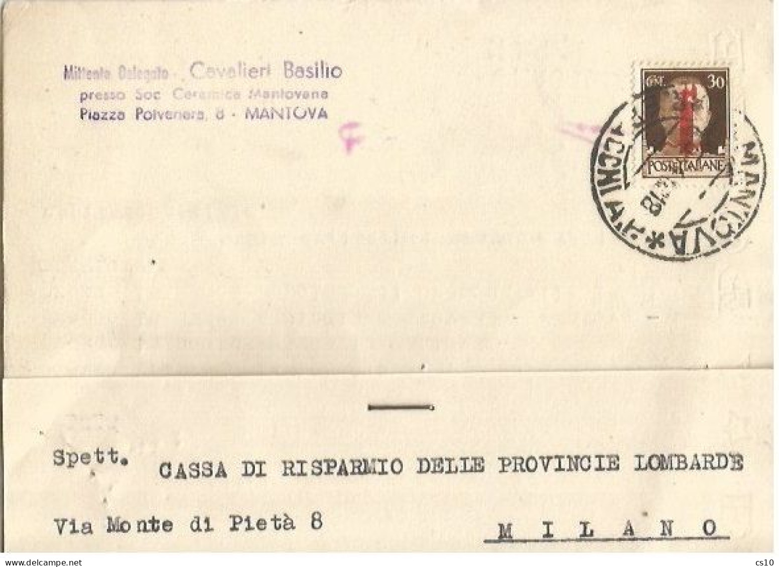 Fascetti C.30 Isolato Cart.commerciale Mantova 3mag1944 X Milano - Marcophilia