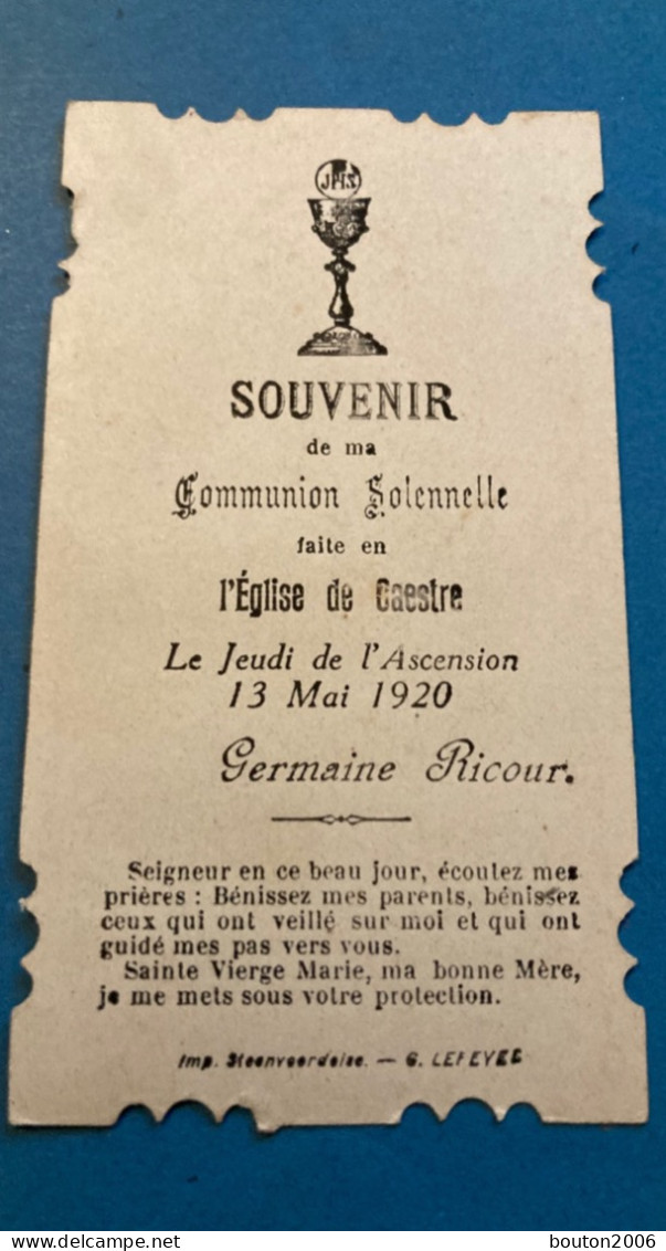 Faire-part Communion Solennelle Eglise De Caestre 1920 Saint-Omer - Comunión Y Confirmación