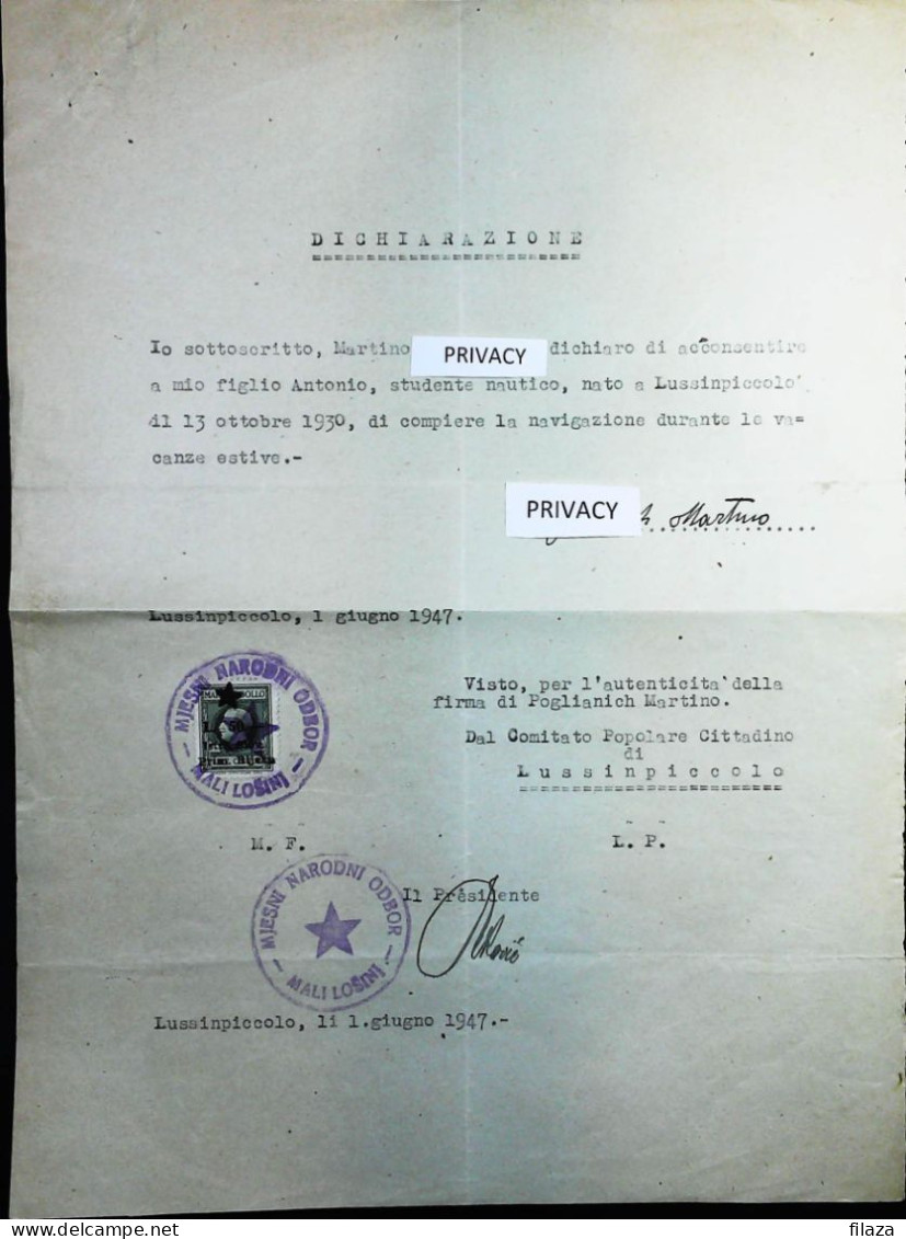 1947 DOCUMENTO - ISTRA SLOV. PRIM.RIJEKA SOPRASTAMPA MARCA  CONSOLARE  FIUME - S6871 - Fiscali