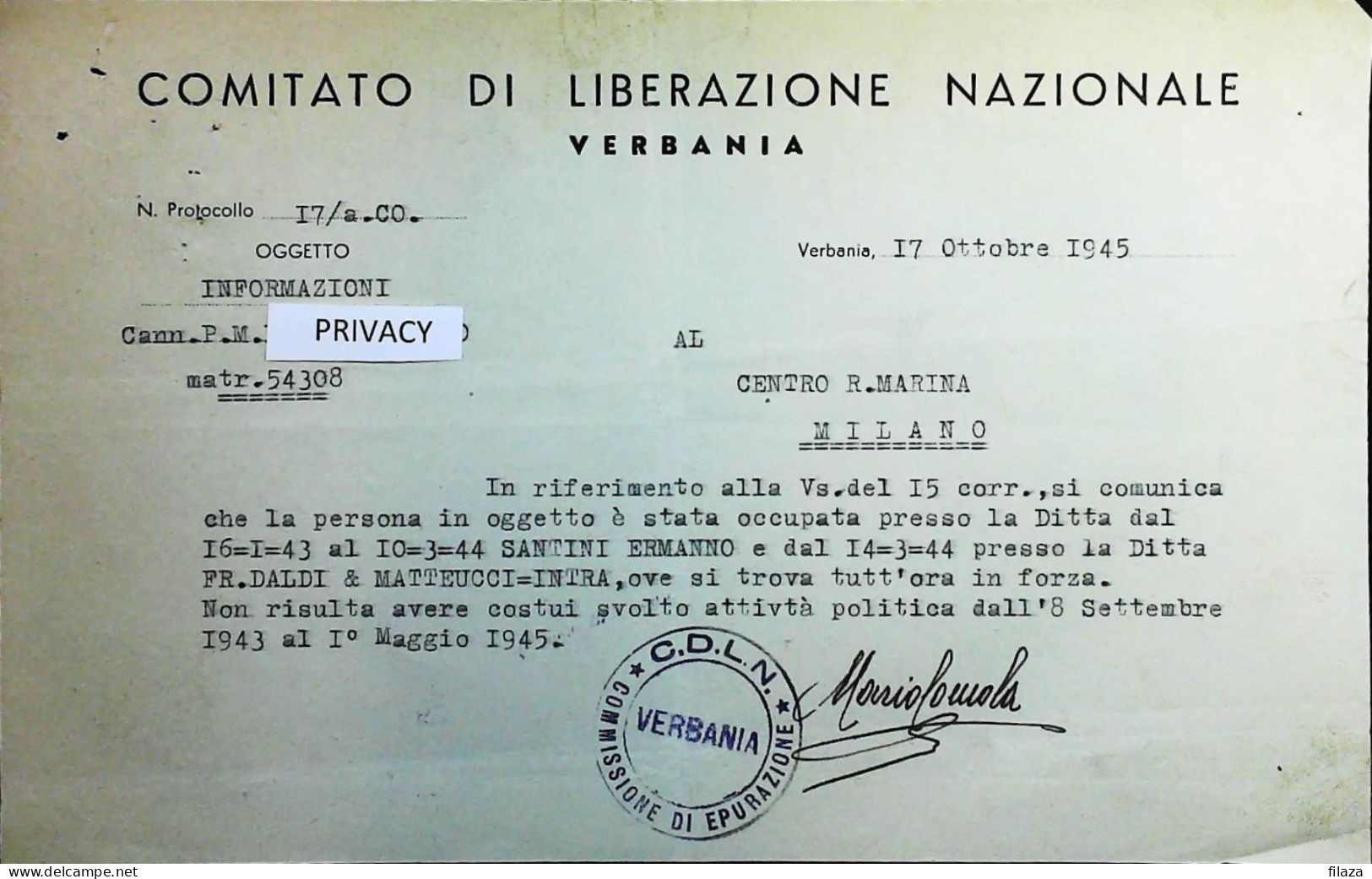 WW2 – 1945 CLN VERBANIA - COMITATO LIBERAZIONE NAZIONALE - Partigiani – S6881 - Documenti