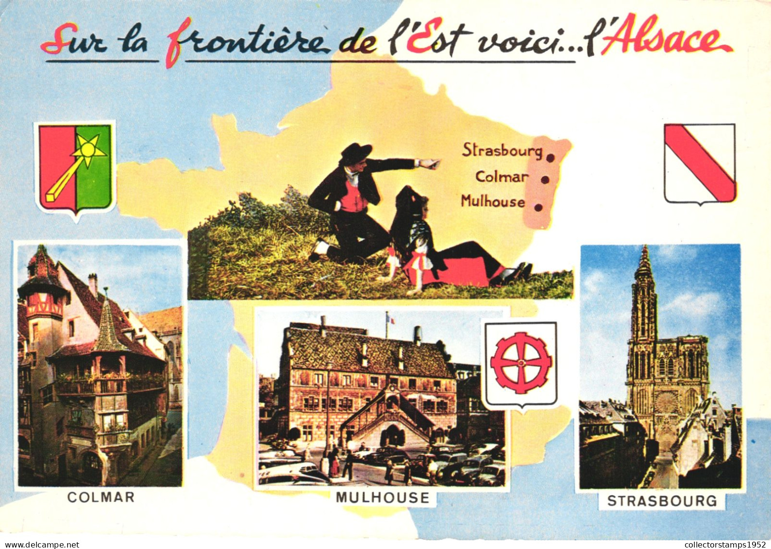 ALSACE, MULTIPLE VIEWS, EMBLEM, ARCHITECTURE, CARS, CHURCH, FOLKLORE, COSTUMES, FRANCE, POSTCARD - Alsace