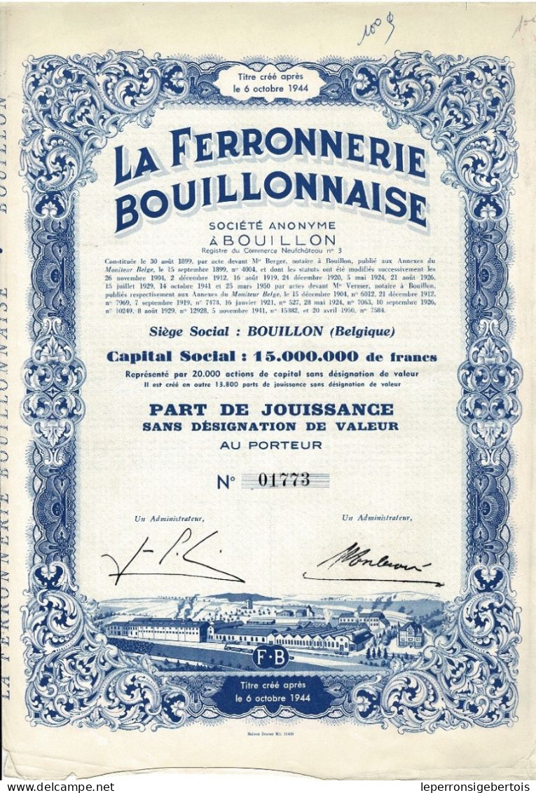 - Titre De 1950 - La Ferronnerie Bouillonnaise - - Industry