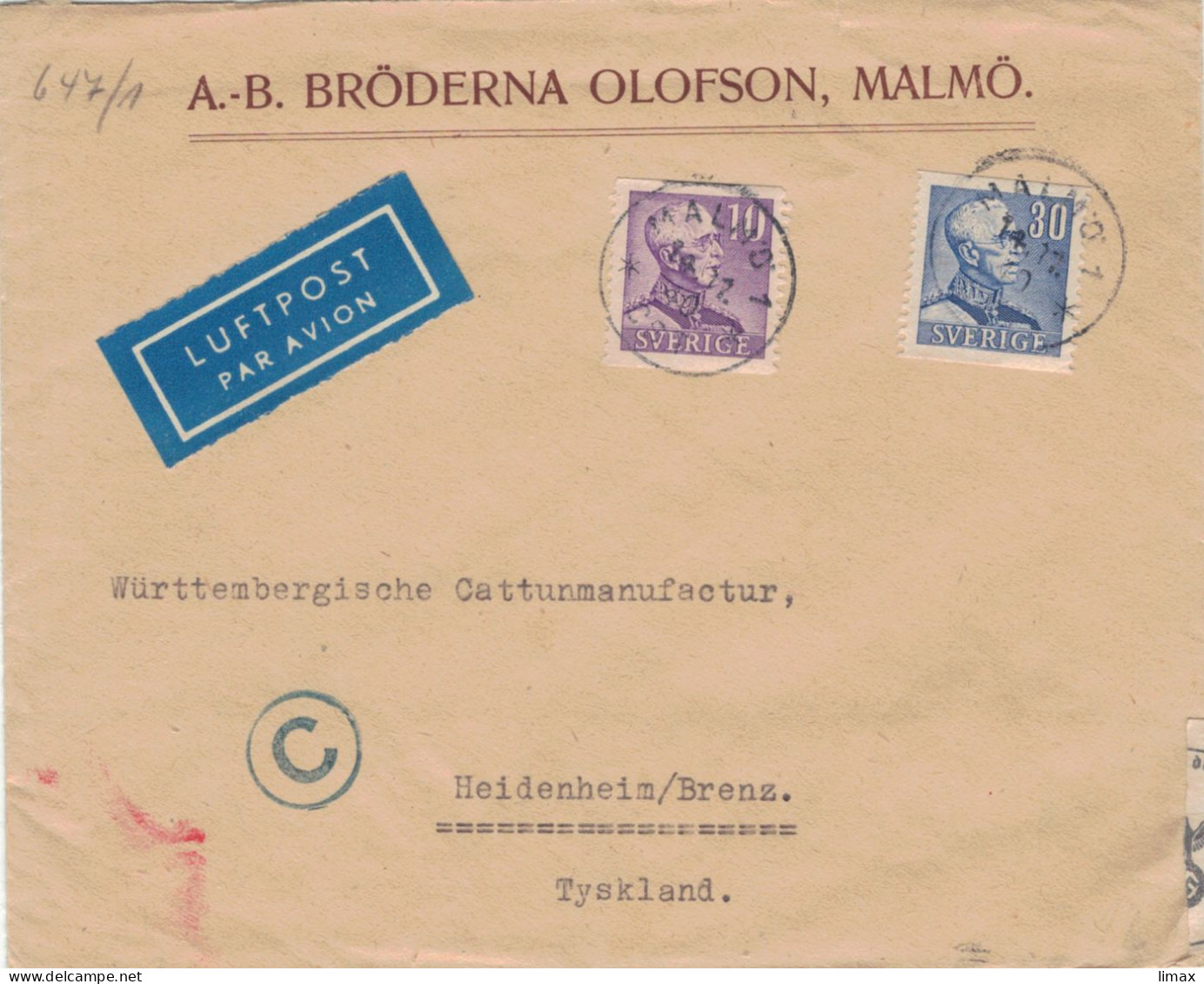 Bröderna Olofson Malmö 1940 > Württembergische Cattunmanufactur Heidenheim - Zensur OKW - Storia Postale