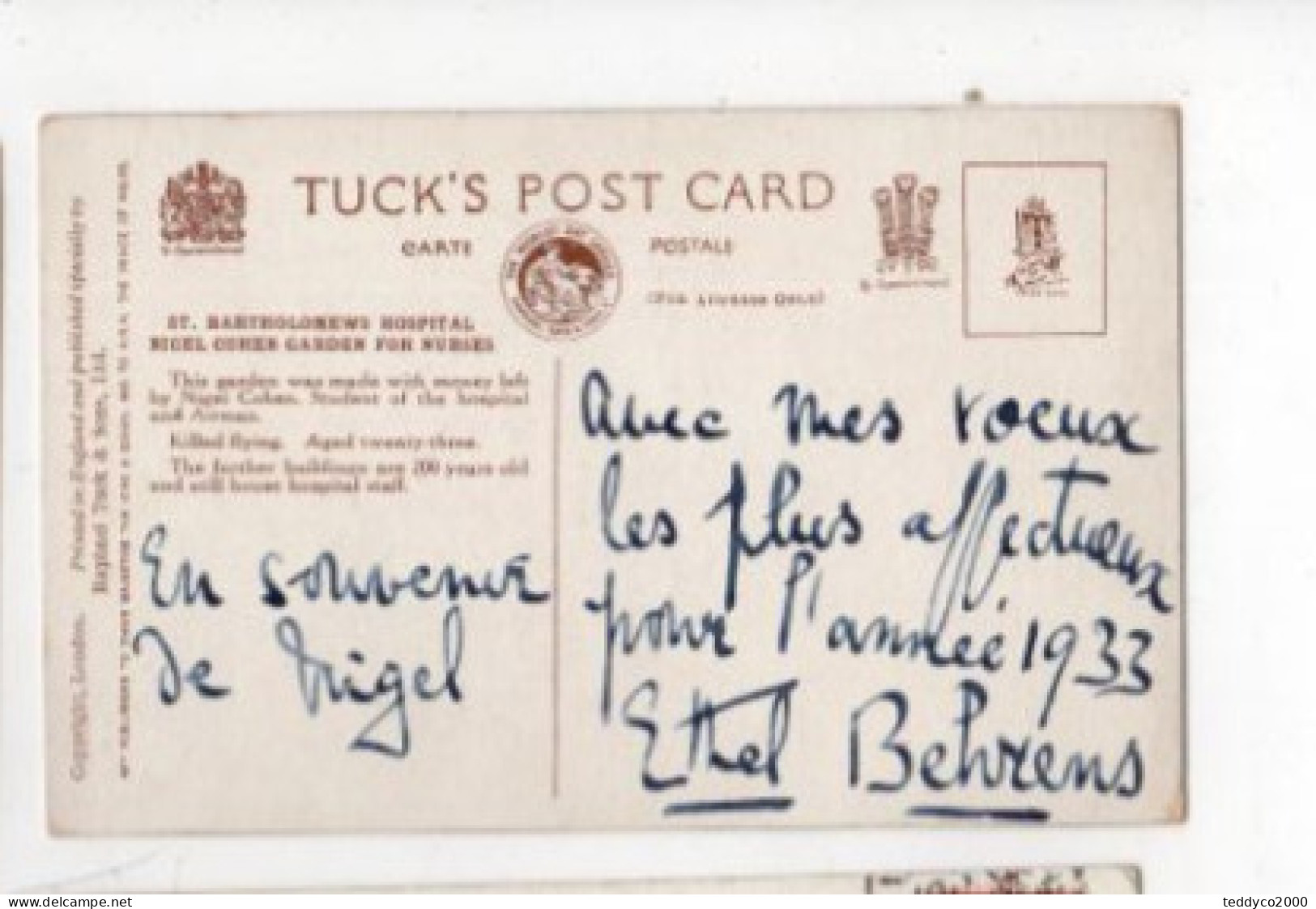 TUCK'S POST CARD St. Brtholomews Nigel Cohen Garden Hopital  Ethel Behrens - Tuck, Raphael