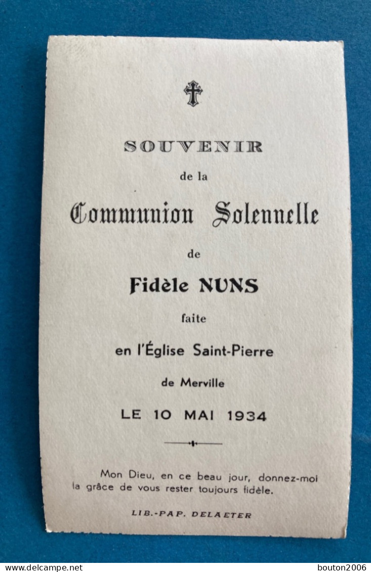 Faire-part Communion Solennelle Eglise Saint-Pierre Merville Nuns 1934 - Communion