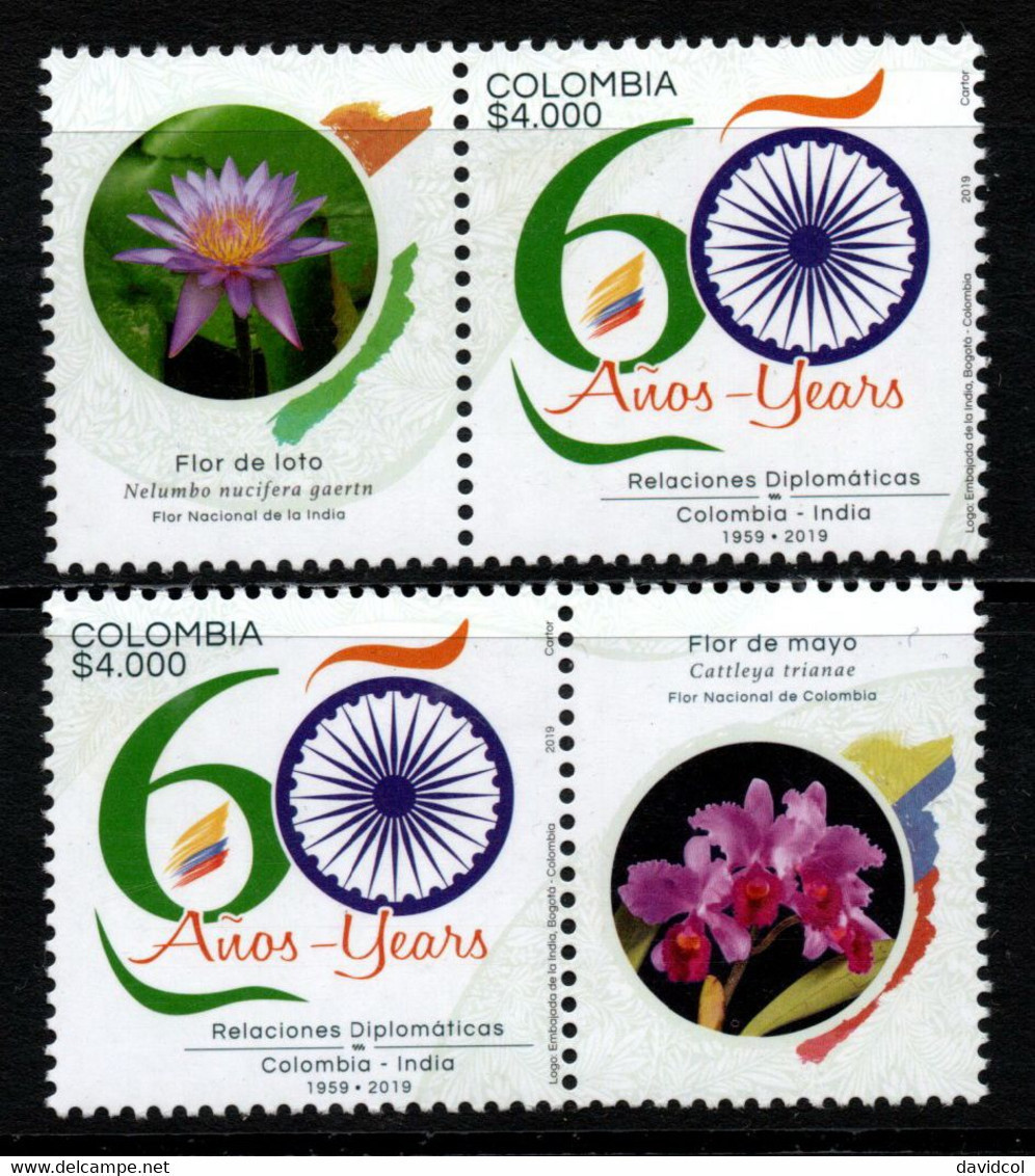 01B-KOLUMBIEN - 2019 -MNH - COLOMBIA-INDIA 60 YEARS RELATIONSHIPS. LOTO AND CATLEYA LABELS - Colombia