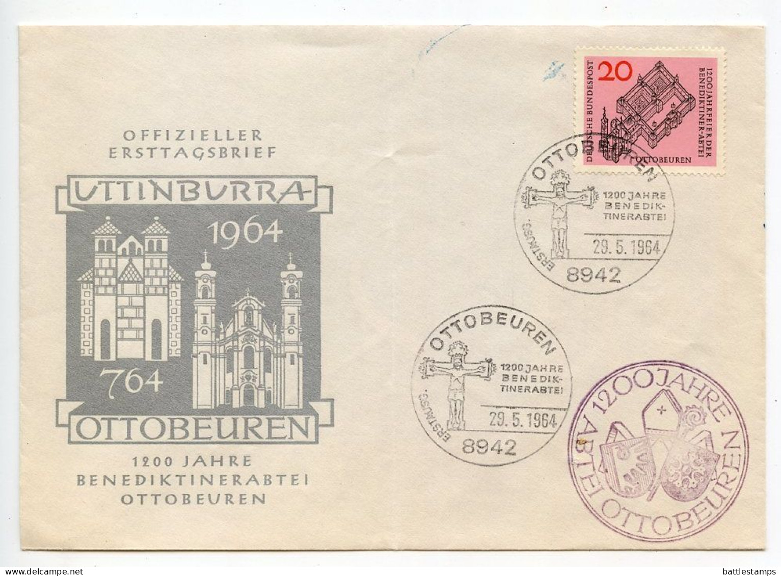 Germany, West 1964 FDC Scott 880 Ottobeuren Benedictine Abbey 1200th Anniversary - 1961-1970