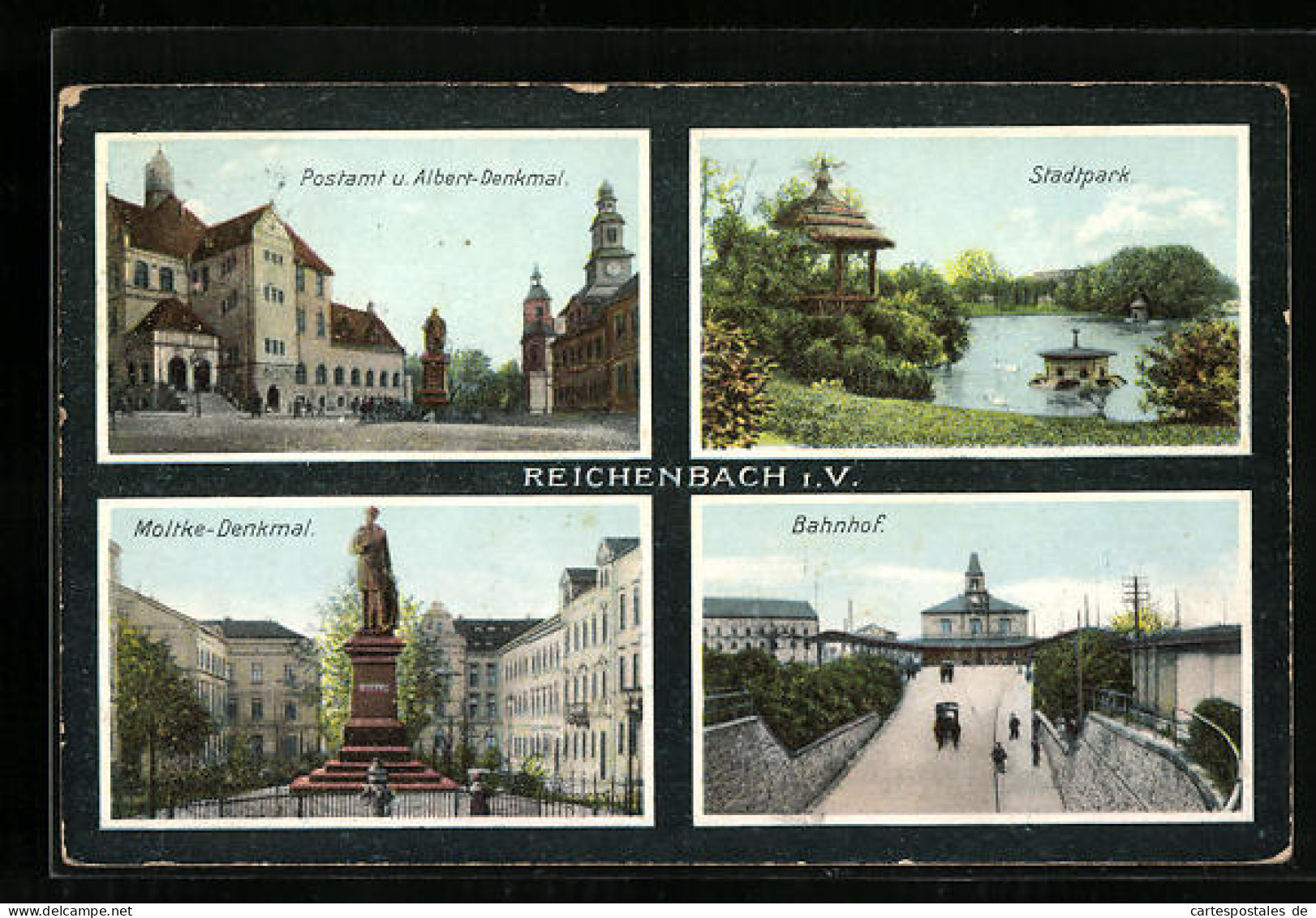 AK Reichenbach I. V., Moltke-Denkmal, Bahnhof, Postamt Und Albert-Denkmal  - Reichenbach I. Vogtl.