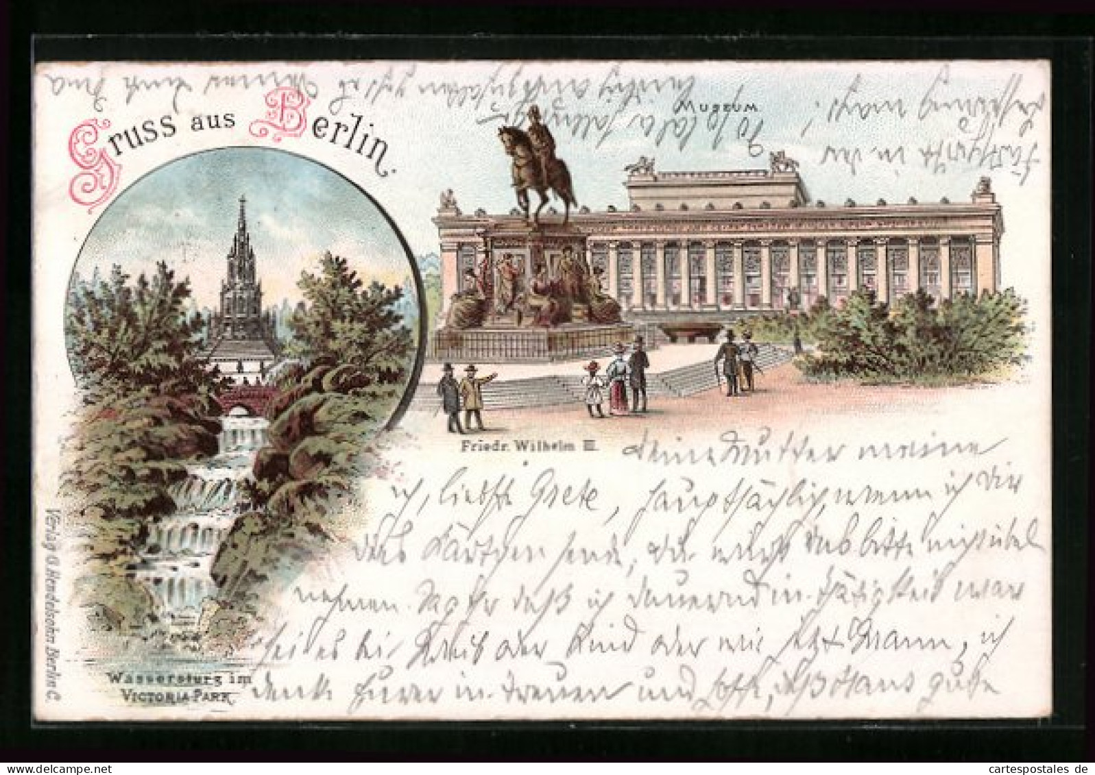 Lithographie Berlin-Kreuzberg, Wassersturz Im Victoria-Park, Museum Und Denkmal Friedr. Wilhelm III.  - Kreuzberg
