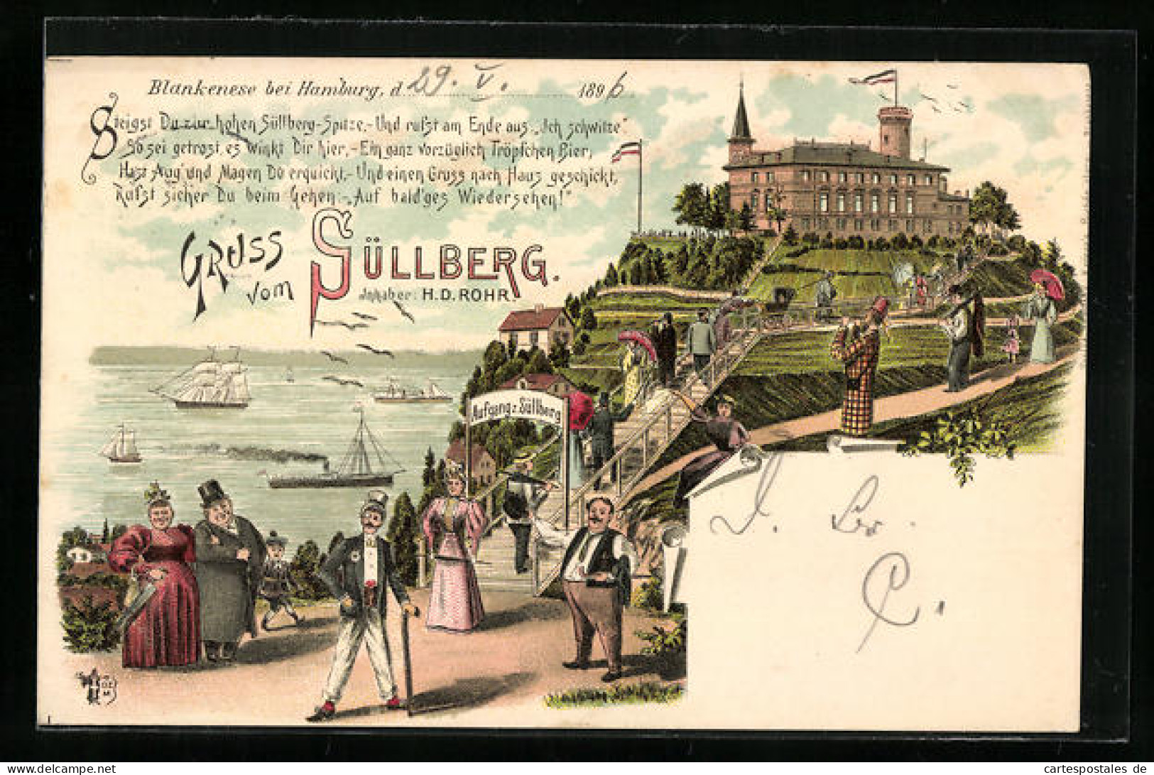 Lithographie Hamburg-Blankenese, Gaststätte Süllberg, Mit Besuchern Und Aufgang Von Der Elbe  - Blankenese