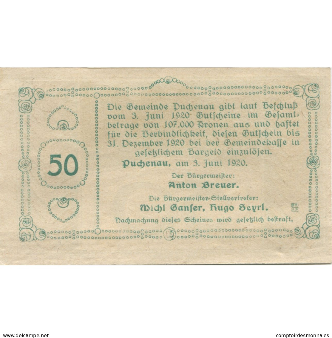 Billet, Autriche, Puchenau, 50 Heller, Forêt 1920-12-31, SPL Mehl:FS 788IIb - Oesterreich