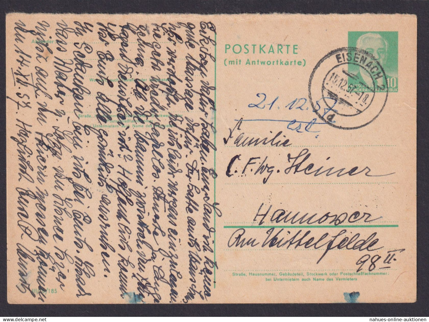 DDR Ganzsache P 70 F Antwort Pieck Eisenach Thüringen Hannover Niedersachsen - Postkarten - Gebraucht
