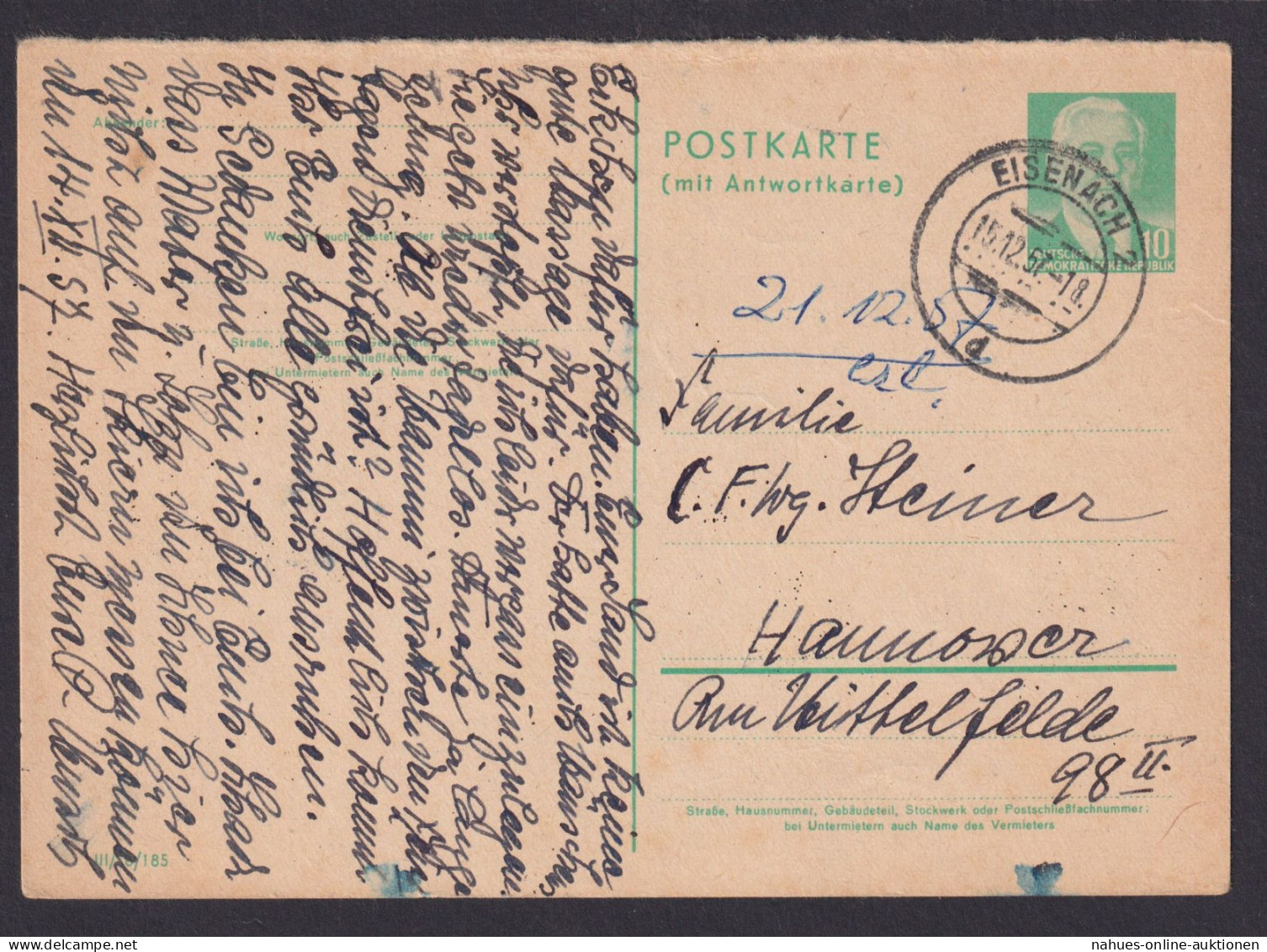 DDR Ganzsache P 70 F Antwort Pieck Eisenach Thüringen Hannover Niedersachsen - Postales - Usados