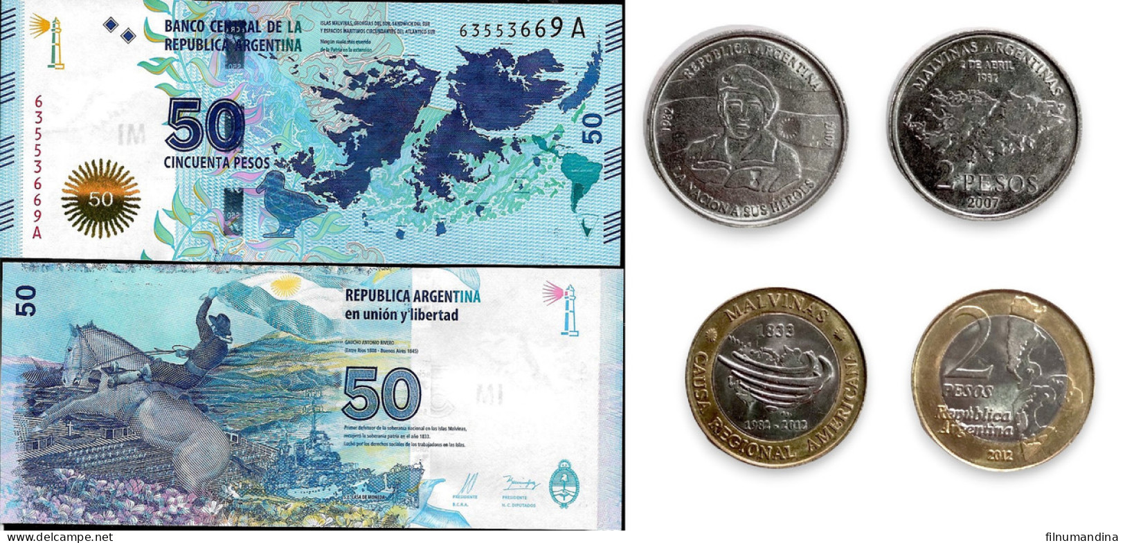 ARGENTINA LOT MALVINAS 2 PESOS BIMETALLIC, 2 PESOS 25TH ANNIVERSARY, 50 PESOS PAPERMONEY - Argentinien