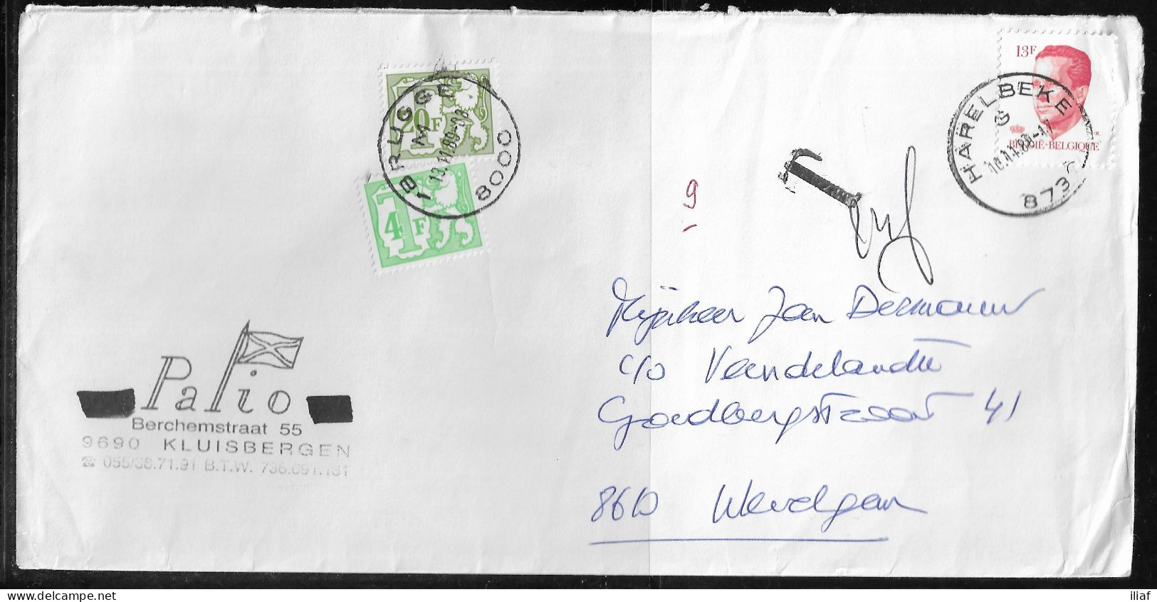 Belgium. Stamps Sc. 1092, J72, J78 On Commercial Letter, Taxed - Postage Due Stamps, Sent From Harelbeke On 5.04.1985 - Lettres & Documents