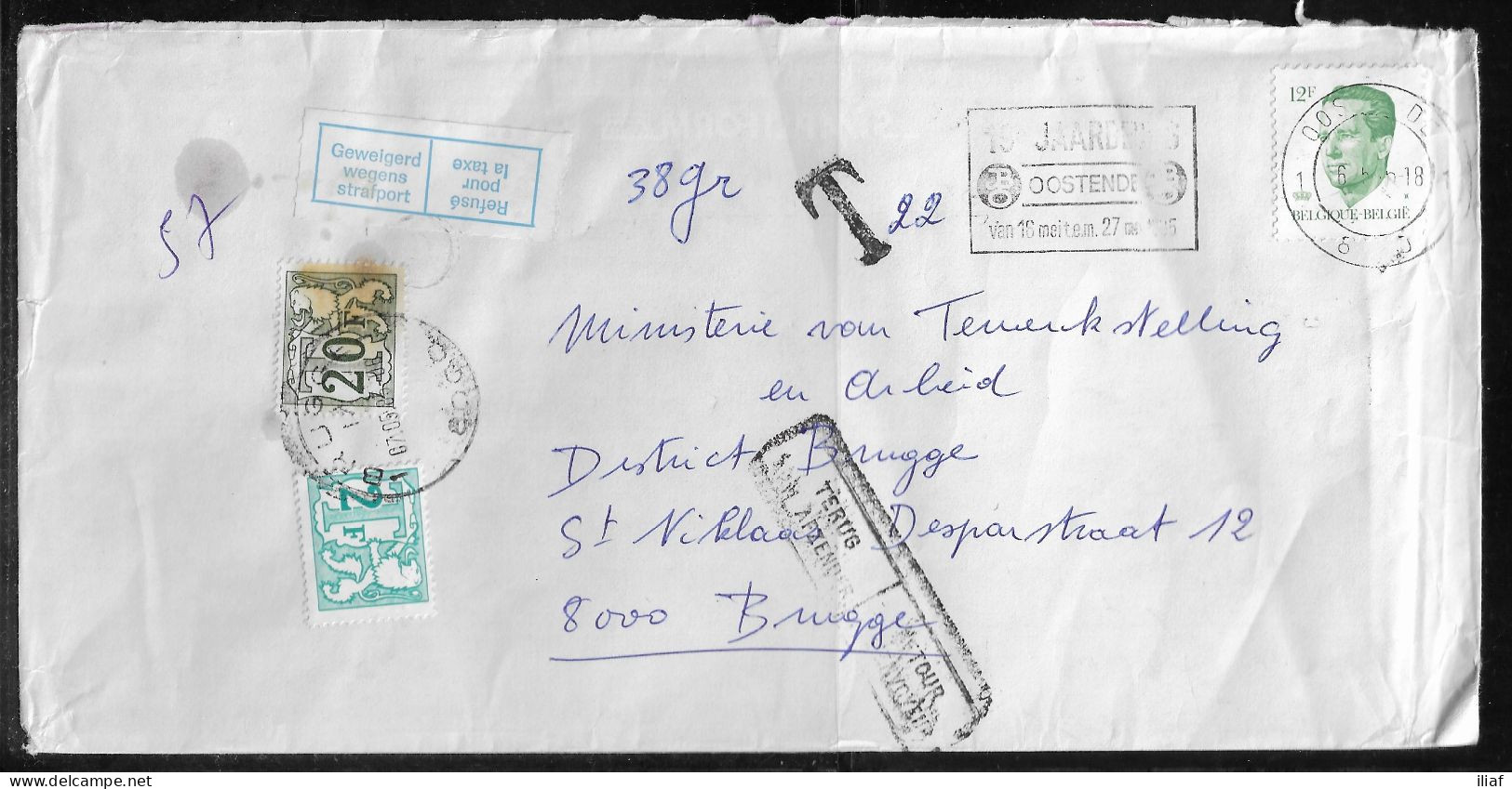 Belgium. Stamps Sc. 1091, J63, J78 On Commercial Letter, Taxed - Postage Due Stamps, Sent From Oostende On 6.05.1985 - Storia Postale