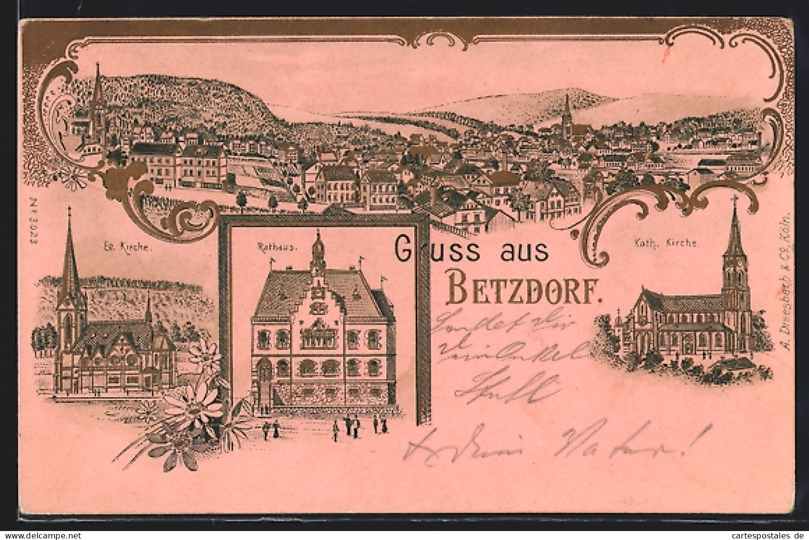 Lithographie Betzdorf, Kath. & Ev. Kirche, Rathaus, Totalansicht  - Betzdorf