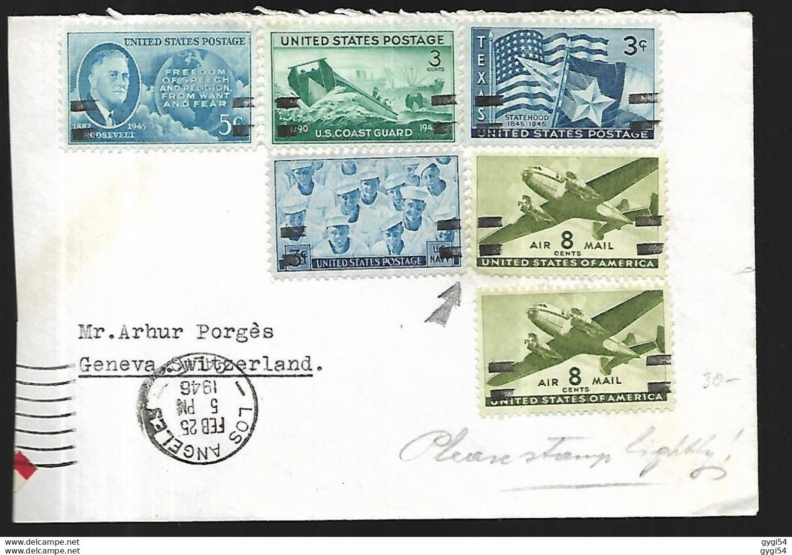 Etats - Unis  Lettre Du 25 02  1946  De LOS ANGELES Pour GENEVE   Suisse - Briefe U. Dokumente