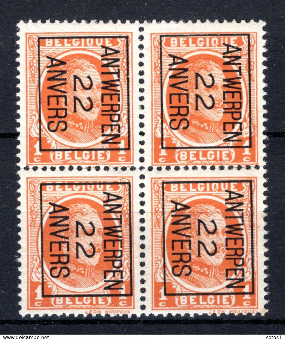 PRE66B MNH** 1922 - ANTWERPEN 22 ANVERS (4stuks)  - Typografisch 1922-31 (Houyoux)