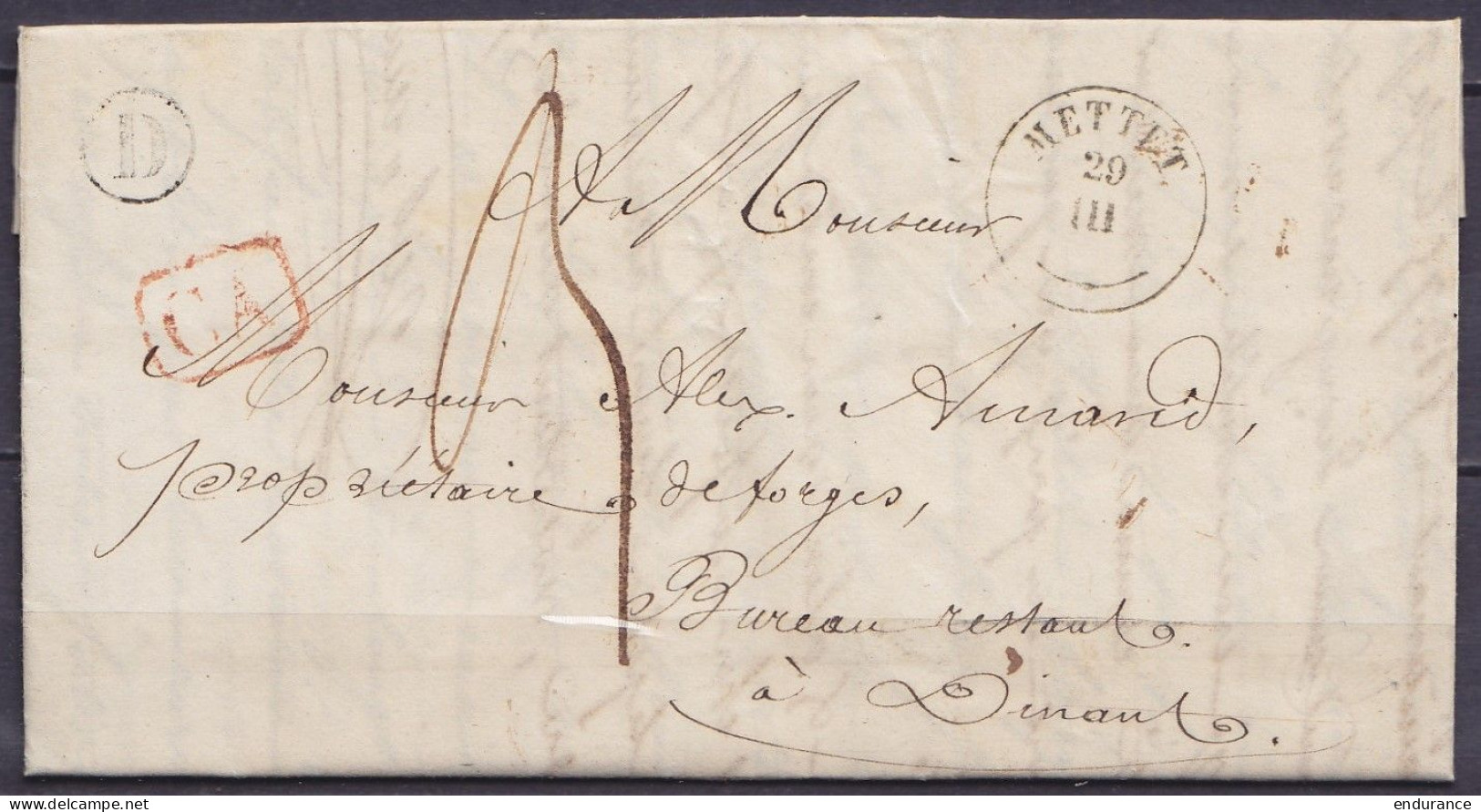 L. Datée 29 Mars 1846 De ERMETON-SUR-BIERT Càd T18 METTET/20/III Pour Bureau Restant à DINANT - Boîte Rurale "D" - [CA]  - 1830-1849 (Belgica Independiente)