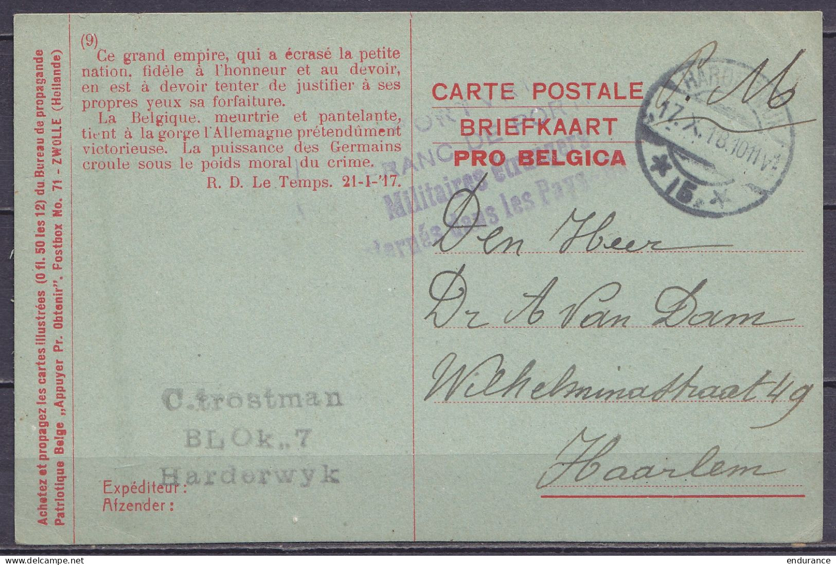 CP En Franchise S.M. D'un Militaire Belge Prisonnier En Hollande - Càpt HARDERWIJK /17.X.1918 Pour HAARLEM Hollande- Cac - Krijgsgevangenen