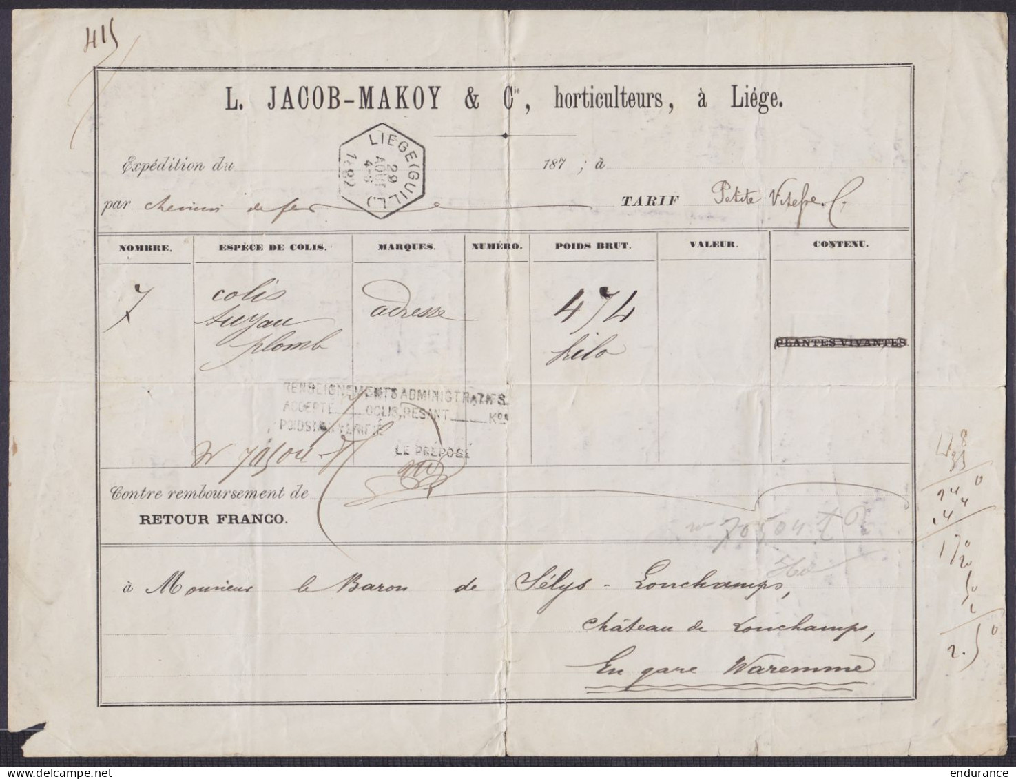 Lettre De Voiture "L. Jacob-Makoy & Cie, Horticulteurs" Càd Hexagon. LIEGE (GUILL.) / 29 AOUT 1892 Pour Transport De Col - Documentos & Fragmentos