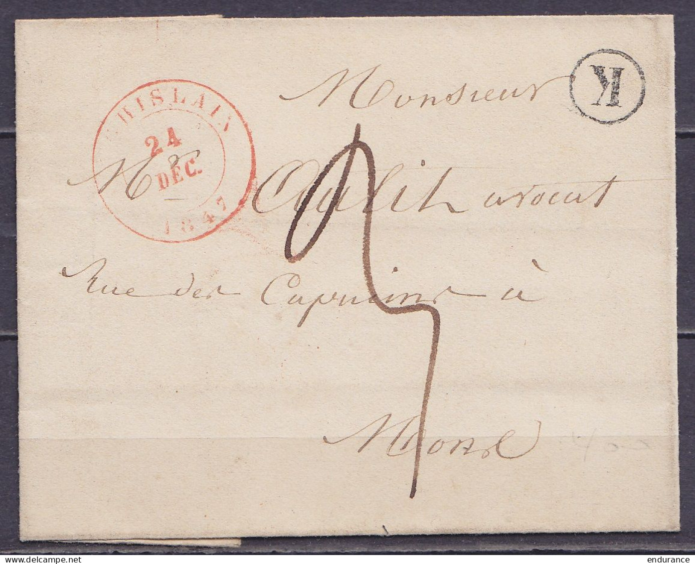 LSC (sans Contenu) Càd ST-GHISLAIN /24 DEC. 1847 Pour MONS - Boîte Rurale "K" - Port "3" (au Dos: Càd Arrivée MONS) - 1830-1849 (Unabhängiges Belgien)