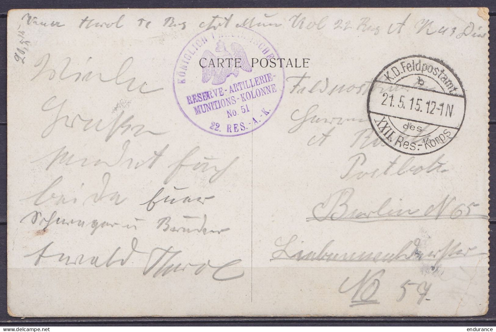 CP  Bruges "La Porte Ste-Croix" En Franchise Feldpost - Càpt "K.D.Feldpostamt /21.5.1915/ Des XXII. Res.-Korps" Pour BER - Duits Leger