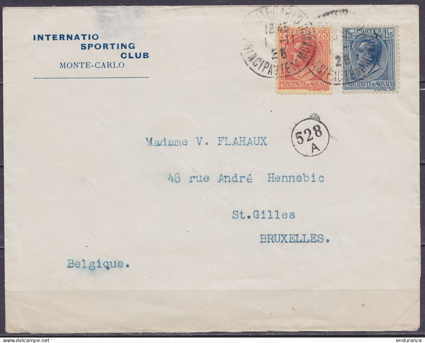 Monaco - Env. "International Sporting Club" (football) Affr. N°80+98 Càd MONTE-CARLO /1-11-1926 Pour SAINT-GILLES Bruxel - Covers & Documents