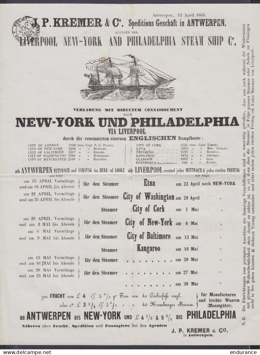 Affichette Publicitaire "J.P. Kremer & Cie" Verladung Mit Directem Connaisssement Nach NEW-YORK Und PHILADELPHIA Via LIV - Verkehr & Transport