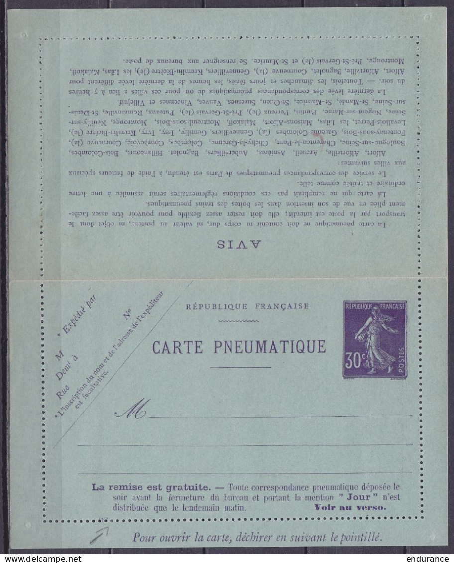 France - EP Carte Pneumatique 30c Semeuse Mauve ** - Pneumatici