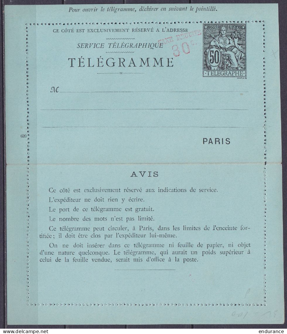 France - EP Télégramme 50c Noir Papier Bleu Type Chaplain ** Surch. Oblique à La Main Rouge "TAXE REDUITE /30c." - Chiff - Pneumatische Post