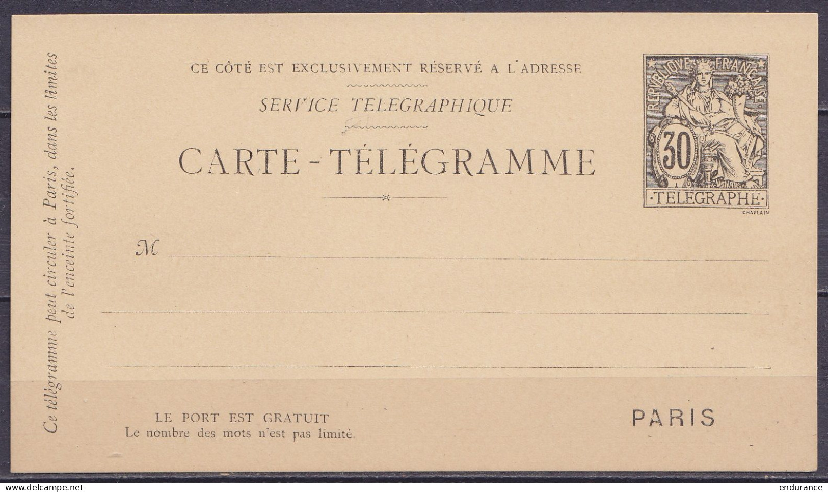 France - EP Carte-télégramme 30c Noir Type Chaplain ** Variété: Sans Accent Sur "TELEGRAPHIQUE" 1882 - Neumáticos