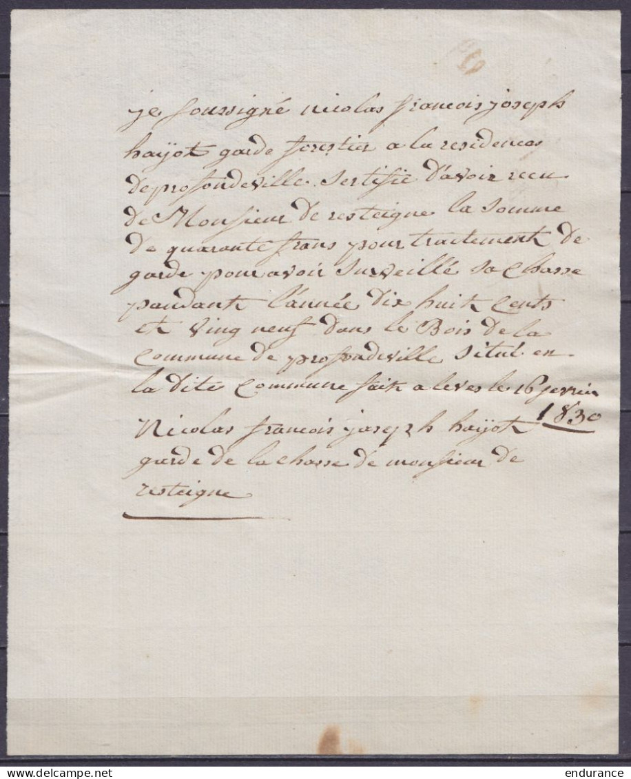 Reçu D'un Garde De Chasse Pour Paiement De La Surveillance De La Chasse De Monsieur De Resteigne Dans Le Bois De Profond - Old Professions