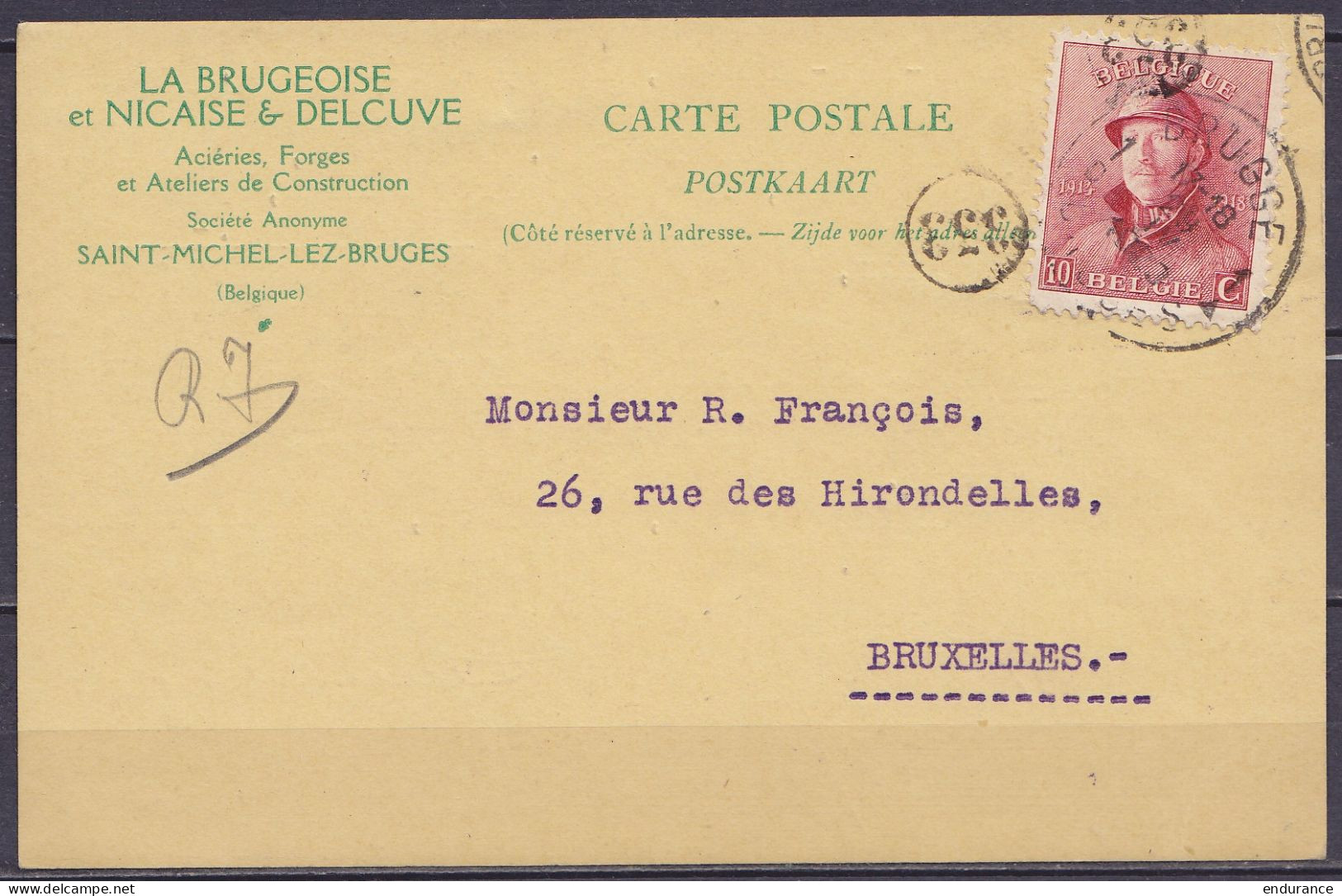 CP "La Brugeoise & Nicaise & Delcuve Aciéries, Forges, … / St-Michel-lez-Bruges" Affr. N°168 Càd BRUGGE /29 IV 1920 Pour - 1919-1920 Behelmter König