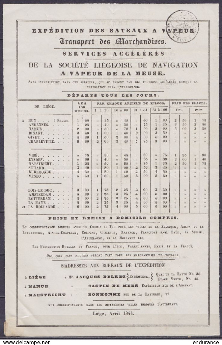 Affichette Publicitaire "SOCIETE LIEGEOISE DE NAVIGATION A VAPEUR DE LA MEUSE" Liège Avril 1844 - Cachet "TIMBRE D'AVIS  - Transport