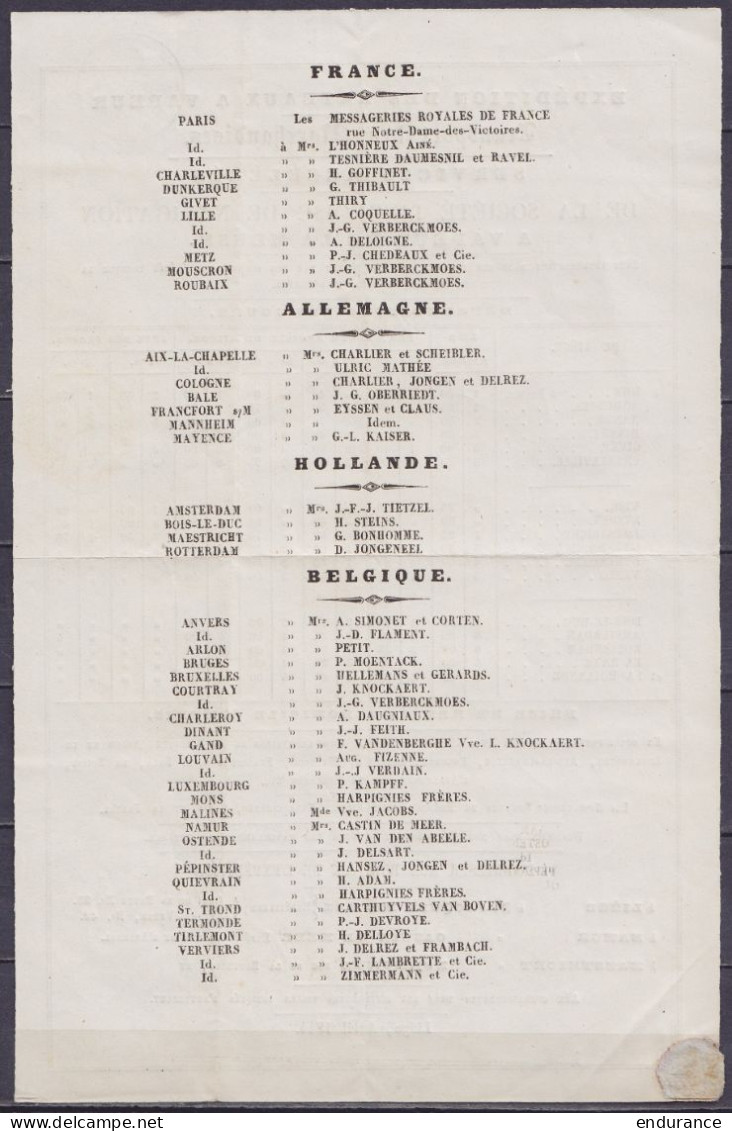 Affichette Publicitaire "SOCIETE LIEGEOISE DE NAVIGATION A VAPEUR DE LA MEUSE" Liège Avril 1844 - Cachet "TIMBRE D'AVIS  - Transport