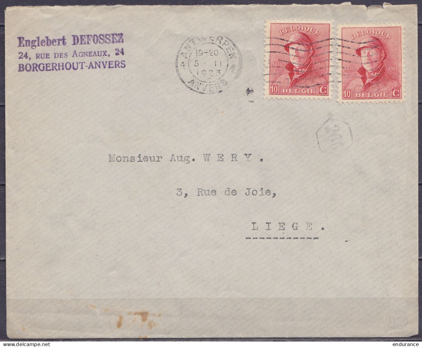 Env. Affr. 2x N°168 Flam. ANTWERPEN /5 II 1923/ ANVERS Pour LIEGE (patte De L'enveloppe Manquante) - 1919-1920 Behelmter König