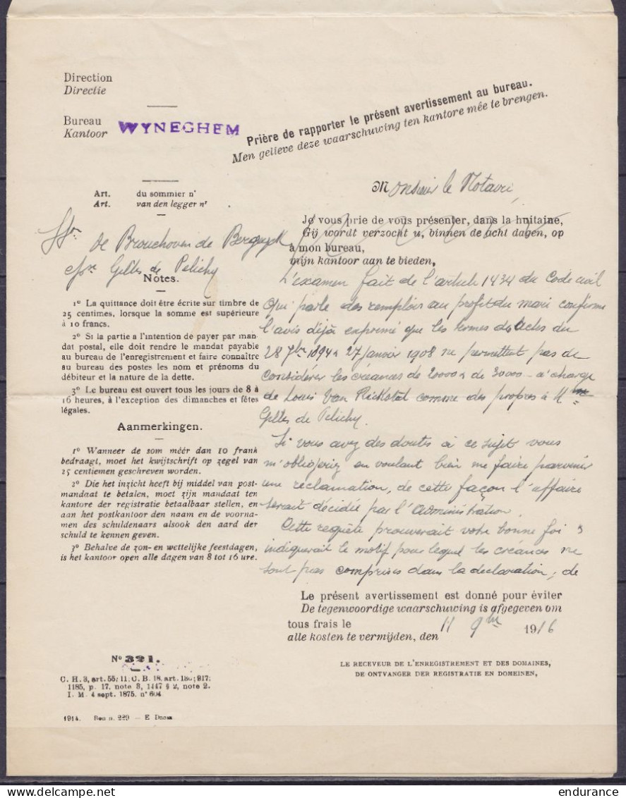Imprimé (avertissement)  "Ministère Des Finances" En Franchise Càpt WYNEGHEM /11.11.1916 Pour ANVERS - Griffes "Staatsdi - Other & Unclassified
